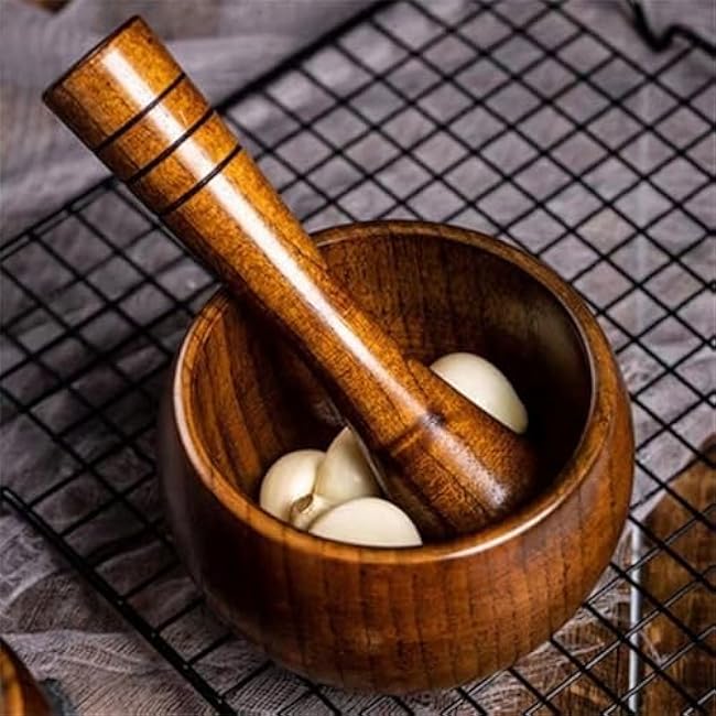 Mortar and Pestle Set Wooden Garlic Pounder Stone Mortar Vintage Household Grinder Manual Mason Jar Kitchen Necklace Grinding Tool Spice Bowl