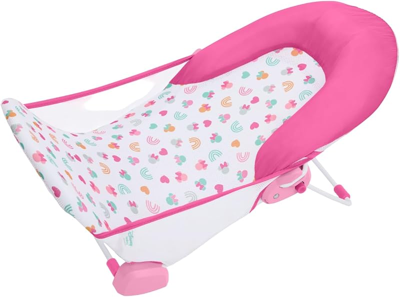Disney Baby Minnie Mouse Foldaway 2-Position Baby Bath Seat, Adjustable Support for Sink or Bathtub, Ages 0-6 Months up to 20 Pounds, Machine-Washable Sling