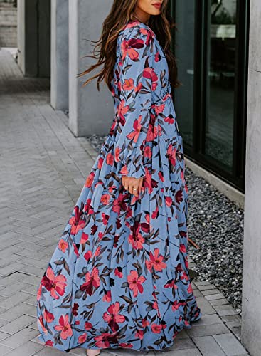 Image of BLENCOT Womens Casual Boho Floral Printed V Neck Long Sleeve Long Maxi Dress Spring Summer Dresses