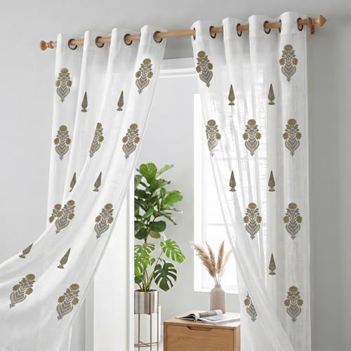 Image of LINENWALAS Decorative Cotton Linen Sheer Curtains 7 Feet for Door -Block Printed Door Curtain | Grommet Hanging Style Pack of 2 Panels |Light Filtering Sheer Drapes (Golden Meadow)