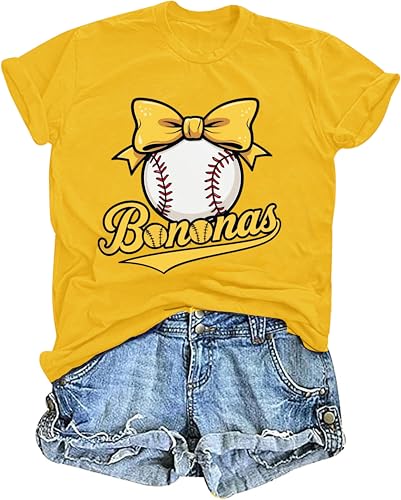 Baseball Shirts for Women Cute Bow Graphic T-Shirt Softball Mom Tee Funny Baseball Fan Short Sleeve Top