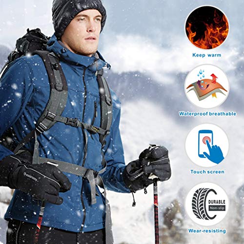 Idefair Winter Ski Gloves,Waterproof Ski Mittens Thermal Touchscreen Snowboard Skiing Gloves Unisex Anti Slip Warm Snow Gloves for Cycling Running Climbing Hiking Outdoor Sports (Black, L)