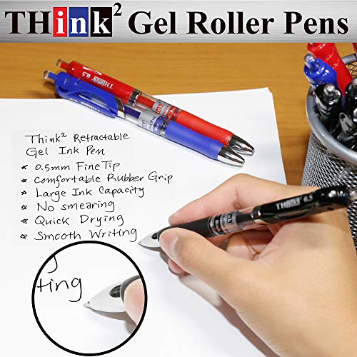 Image of [24 Pens - 3 Colors] Think2 Retractable Gel Pens. (18 Black, 3 Red, 3 Blue) Fine Point (0.5mm) Rollerball Pens with Comfort Grip.