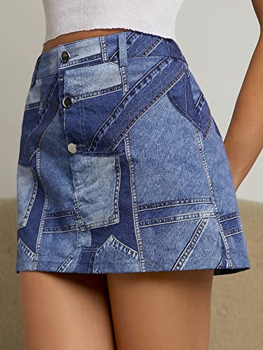 Women's Color Block High Waisted Denim Skirt A Line Mini Jean Skirt3