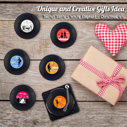 Retro Vinyl Record Coasters with Player, Set of 6 Music Coasters for Drinks - Image 3