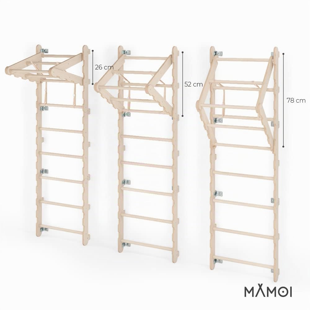 MAMOI® Espalderas Gimnasio para casa (L/XL/XXL) y aditivos | Espalderas de Madera Natural | Diseño Moderno | Escalera Sueca | Barra Gimnasia | 100% Eco
