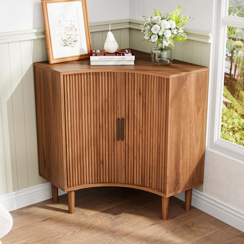 Fluted Corner Cabinet, Small Corner Floor Cabinet with Sliding Doors and Adjustable Shelves, Modern Wooden Freestanding Narrow Storage Organizer for Small Space,Living Room, Dining Room, Bathroom