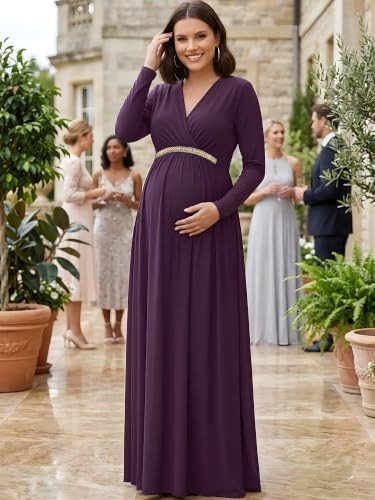 Image of KOH KOH Womens Maternity Long Sleeve V-Neck Flowy Winter Maxi Dress Gown