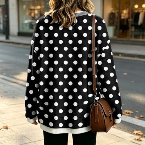Womens Crew Necks Sweatshirts Waffle Knit Long Sleeves Polka Dot Sweatshirt - image 6