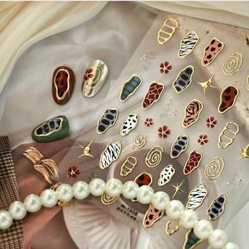 Image of Leopard Print Nail Stickers Retro Nail Art Stickers with Gold Line Design Nail Decal 5D Embossed Self Adhesive Nails Charms Supply for Women Girl DIY Manicure Decoration Accessories