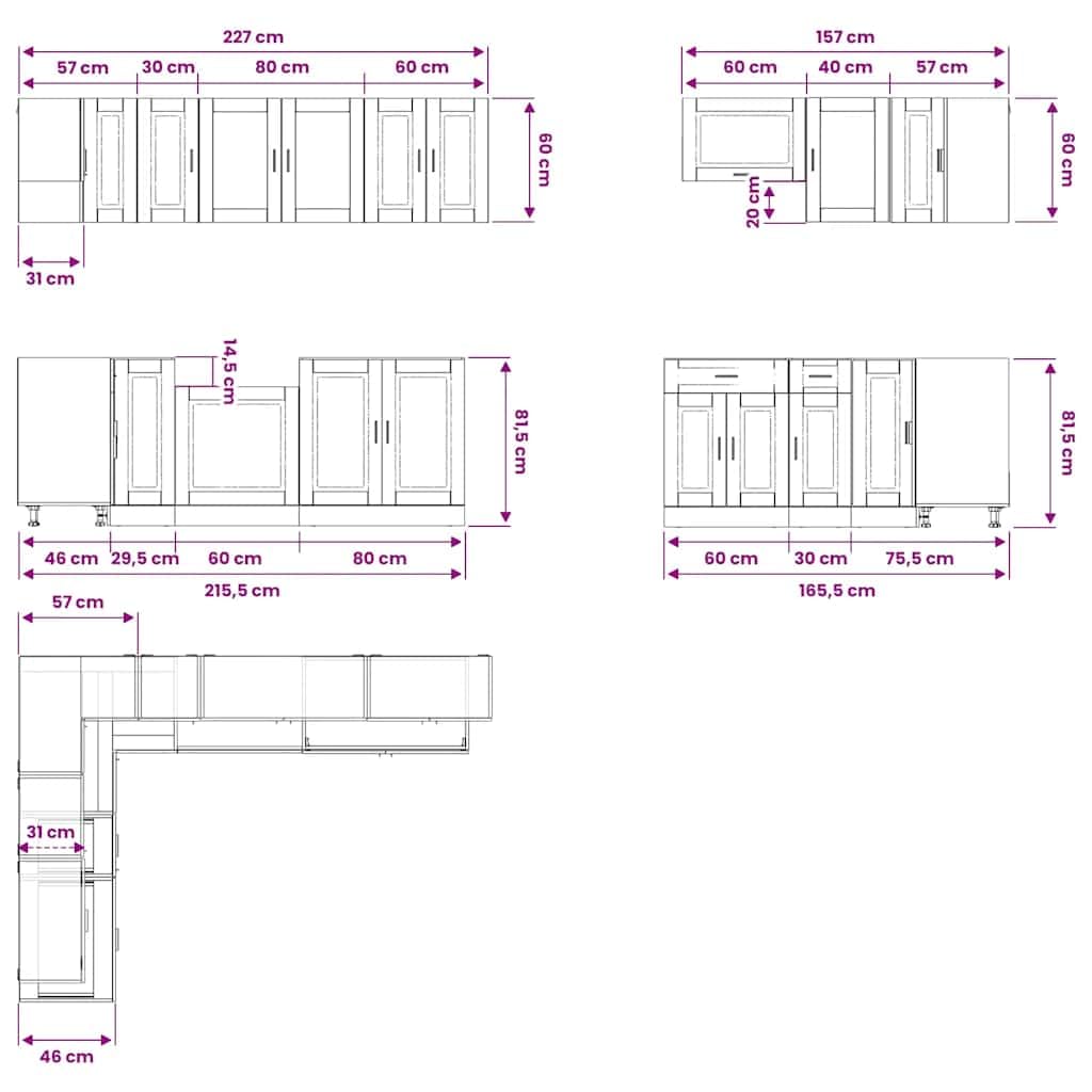 Porto - Set di 11 mobili da cucina in legno di quercia affumicata, con spazio versatile per cucina, sala da pranzo, ufficio, armadi alti e inferiori, pensili, credenze, comò, buffet