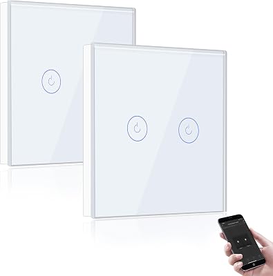 BSEED Interruptor de Pared WiFi,Interruptor Smart 2 Gang 2 Vías con Pantalla Táctil Blanco,Compatible con Alexa y Google Home, Control de APP y Función de Temporizador-2 Paquete【Se necesita Neutro】