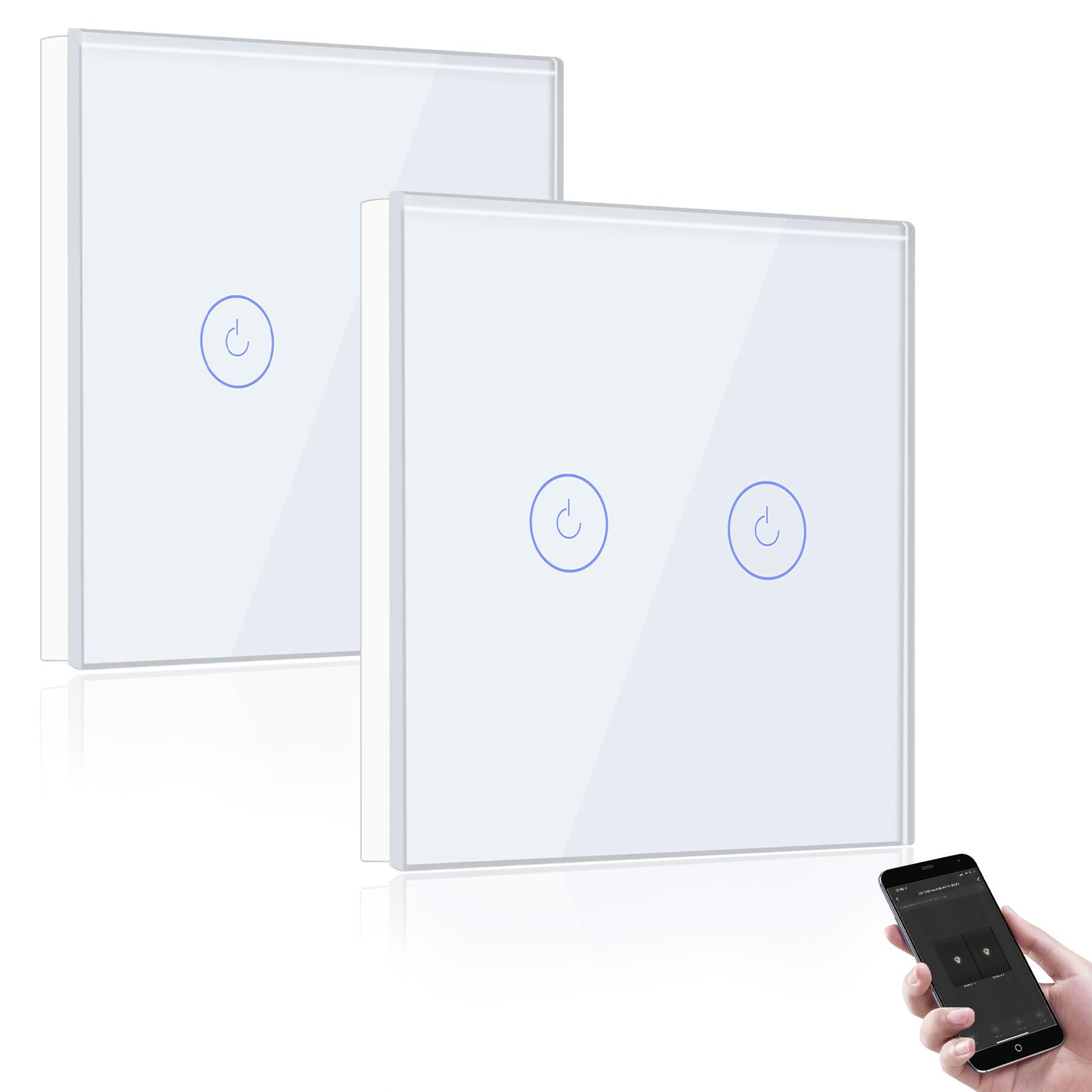 BSEED Interruptor de Pared WiFi,Interruptor Smart 2 Gang 2 Vías con Pantalla Táctil Blanco,Compatible con Alexa y Google Home, Control de APP y Función de Temporizador-2 Paquete【Se necesita Neutro】