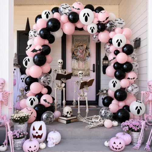 Image of Halloween Balloons, Pink and Black Balloon for Halloween Party Decorations | Pastel Pink Black Balloon, White Ghost 3D Bat Print Latex Balloons, Night Halloween Spooky One Scary Birthday Party Decor