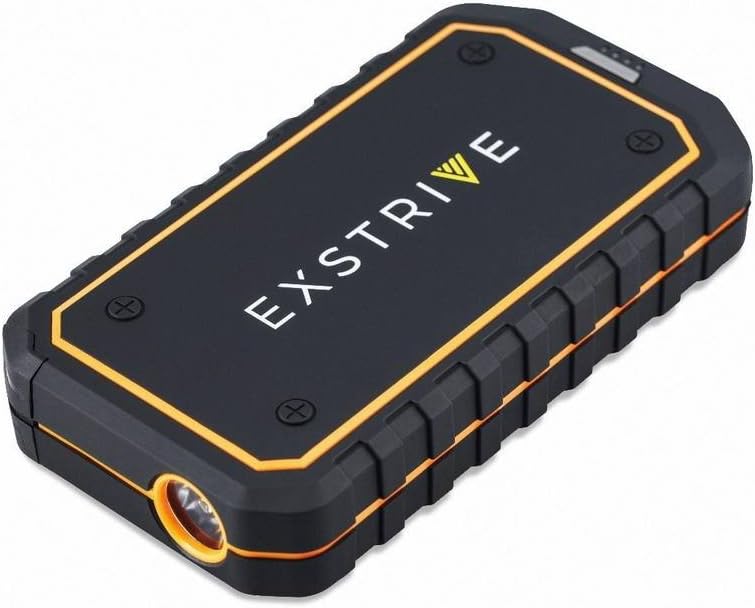 Rechargeable Car Battery Jump Starter Kit | Universal Lithium Ion Power Bank, Jumper Cables, Dual USB Cord & Charging Ports for Mobile Devices, LED Flashlight + Red SOS Light by Exstrive