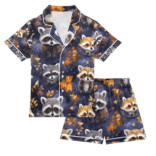 senya Autumn Cute Raccoon Satin Summer Pajama Sets Silk Short Sleeve Button Down Sleepwear