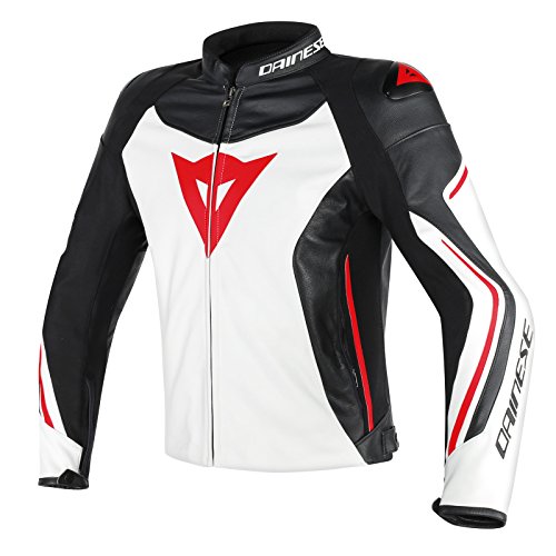 Chaqueta motera Dainese Assen piel negro con colores blanco y rojo