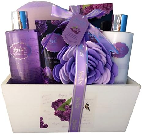 Spa Gift Basket, Spa Basket with Lavender Fragrance, Lilac color by Lovestee - Bath and Body Gift Set, Includes Shower Gel, Body Lotion, Hand Lotion, Bath Salt, Flower Bath-Body Sponge and EVA Sponge