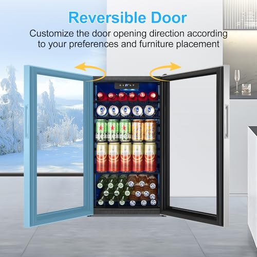 Image of Beverage Refrigerator 126 Can, Mini Beverage Fridge Small Beverage Cooler Stainless Steel with Glass Door Safety Lock, Drink Fridge for Beer Soda Wine, Perfect for Dorm Office Hotel