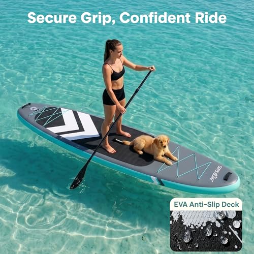 Image of SereneLife 10' Inflatable Stand Up Paddle Board with Premium SUP Accessories - Wide Stable Design with Non-Slip EVA Deck Pad, for Youth and Adults, 350 lbs. Capacity