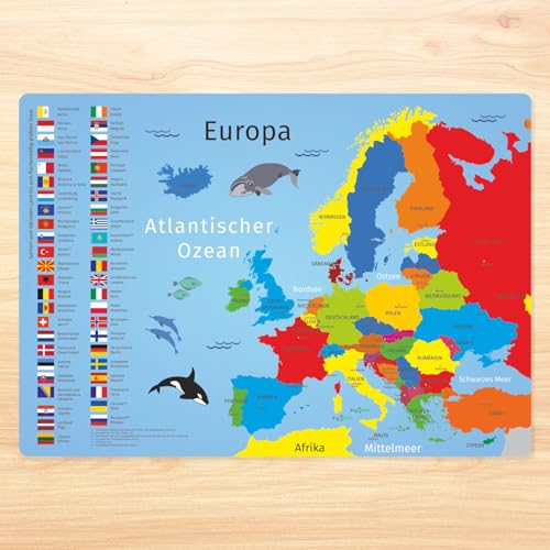 stabiles Vinyl Tischset mit Lerneffekt für Kinder - Europa mit Flaggen und Hauptstädten - Platzdeckchen Platzset - abwaschbar reißfest… – Ansicht 6
