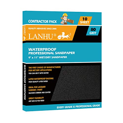 LANHU 80 Grit Sandpaper for Wood Furniture Finishing, Metal Sanding and Automotive Polishing, Dry or Wet Sanding, Multipurpose Sandpaper, 9 x 11 Inches, 10-Sheets