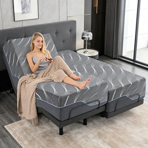 Split King Adjustable Bed Frame with Massage, 14 Inch Grey Gel Memory Foam Medium Firm Mattress in...