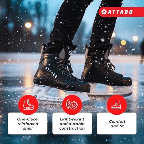 ATTABO HS Herren Eishockey‑Schlittschuhe – robuste Hartschale, Edelstahl‑Kufen, verstärkte Ösen, anatomische Zunge & Knöchelpolsterung, klassisches Schnürsystem, ideal für Anfänger 41