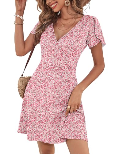 Image of ANRABESS Womens Summer Dresses Short Sleeve Wrap Deep V Neck A-Line Floral Dress Causal Flowy Boho Beach Vacation Sundress