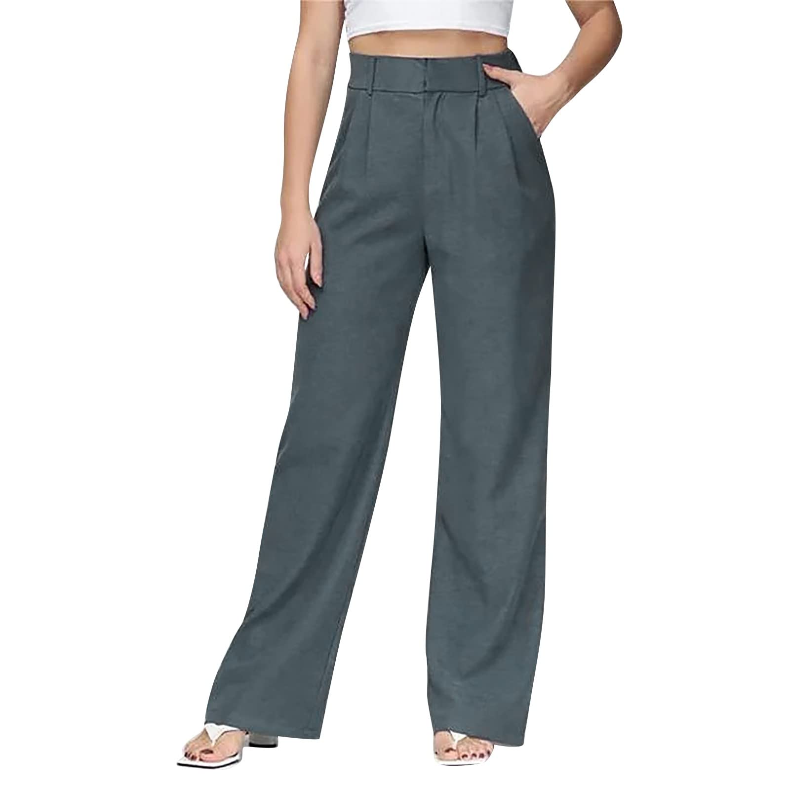 YOLAI Womens Casual Wide Leg Dress Pants High Waist Tailored Button Down Trousers Business Work Trousers with Pockets
