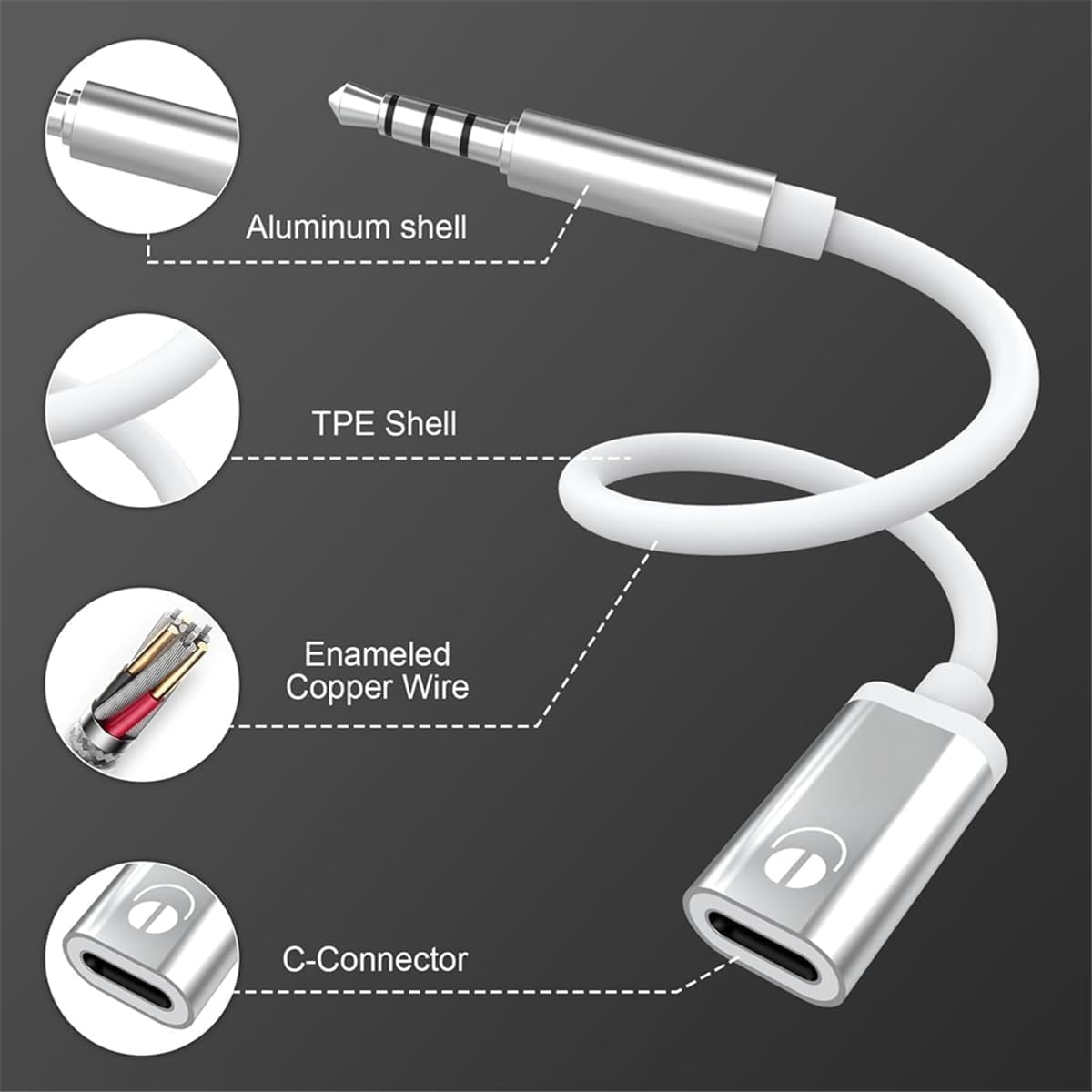 3.5mm Male to Type-C Female Audio Adapter Cable, White, Compatible with Smartphones, MP3 Players, Laptops, Tablets