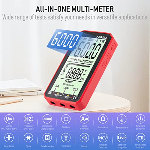 Image of Digital Multimeter - WOOKLEA Auto-Ranging Volt Tester 6000 Counts TRMS 4.8'' Display | Accurately Fast Measures Voltage Current Capacitance Continuity Resistance Temperature Diodes NCV (Red)