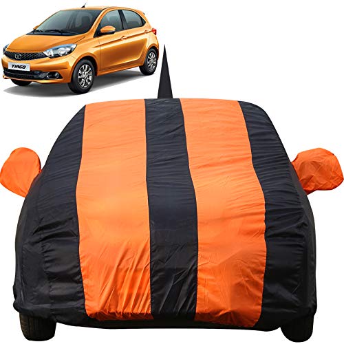 Image of Autofact Car Body Cover for Tata Tigor with Mirror and Antenna Pocket (Light Weight, Triple Stitched, Heavy Buckle, Bottom Fully Elastic, Orange Stripes with Navy Blue Color)
