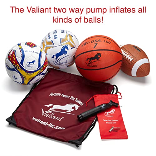 Valiant Sports Ball Pump Inflator With 5 Needles (Pin) And Pouch, Dual Action Hand Held Portable Air Pump With Pins To Inflate Soccer Ball, Football, Volleyball, Rugby,Netball & Basketball (Black) #TOP4