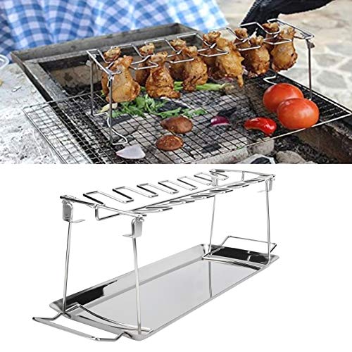 Griglia pieghevole per cosce di pollo, con vassoio antigoccia, in acciaio inox, supporto per cosce di pollo, supporto per barbecue per affumicatore, forno e bollitore a carbone, in acciaio inox