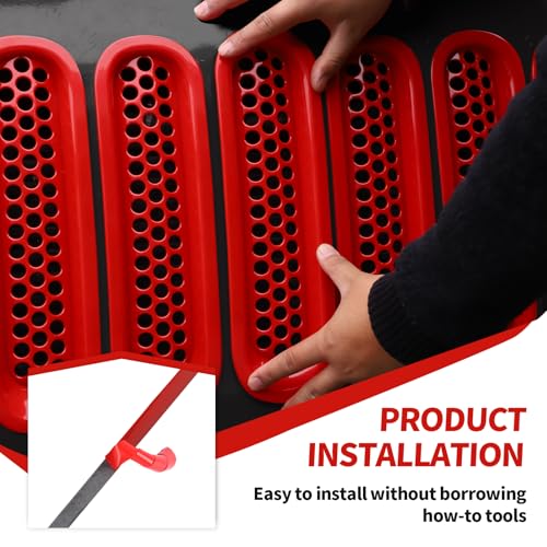 Image of Front Grille Inserts Grill Mesh Clip-on Trim Covers Exterior Accessories Compatible with Jeep Wrangler JK & JKU 2007-2017,Red