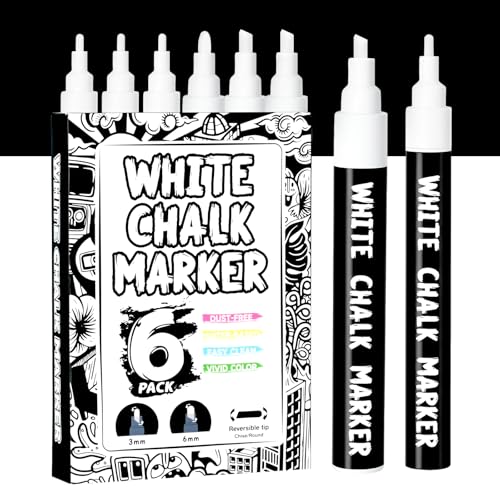Hueritfly Weiß Kreidestifte für Fenster, Glas, Tafel Abwaschbar, 6 Stück Kreidemarker 3mm & 6mm Umkehrbare Spitze