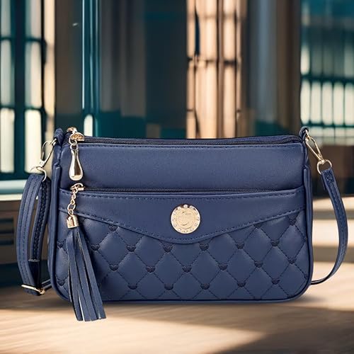 Image of SHAMRIZ Korean Style Quilted Sling Bag for Girls | Cute Heart Pattern Crossbody Purse with 3 Zipper Compartments | Fancy Tassel Side Bag for Party, Wedding & Gifts | Mini Slingbag /One Side Bag