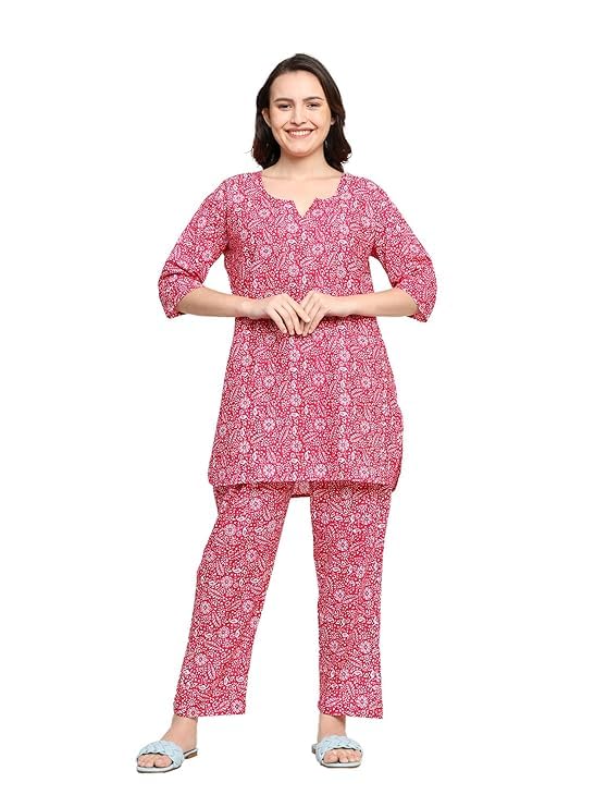 Image of Cotton Printed Co-Ord Set for Women - Nightwear Pajama Set with Pockets | Soft & Breathable Two-Piece Outfit for Sleep & Lounge