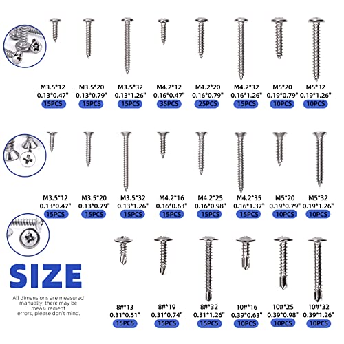Glarks 325Pcs #6#8#10 Self Drilling Screws Kit, 304 Stainless Steel Flat & Truss Head Self Tapping Sheet Metal Tek Screws And 410 Stainless Steel Wafer Washer Head Phillips Self Drilling Screws #TOP1