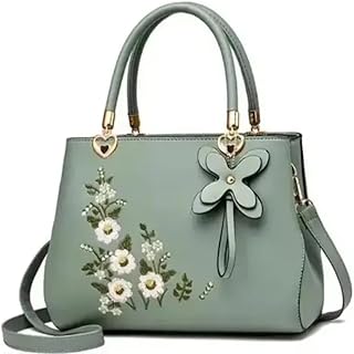 Stylish Handbag for Ladies, Floral Embroidered Design with Butterfly Accent, Green with Gold Hardware and Crossbody Strap