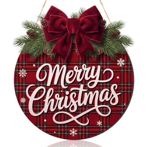 Boao Christmas Door Decor, Heritage Christmas Tartan Plaid Door Hanger Sign