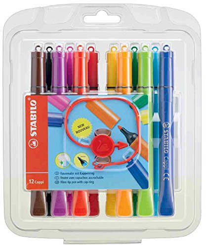Fibre-Tip Pen with Cap-Ring - STABILO Cappi - Pack of 12 + 1 Pack Ring - Assorted Colours