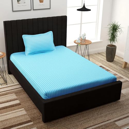 Image of Plain Stripe bedsheet 1 Single Bedsheet with 1 Pillow Cover (Aqua Blue) Size 60 inch x 90 inch