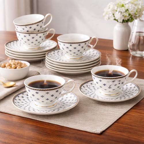 Image of White Cup with Saucer Set of 12 Pcs | Tea /Coffee Cups 180 ml | Microwave & Dishwasher Safe | Bone-Ash Free | Crockery Set Ideal for Daily Use & Gifting, White