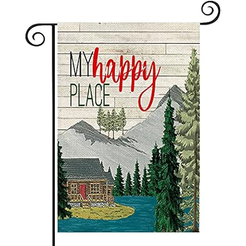 Qinqingo 12.5 x 18 Inches Garden Flag Beautiful Lake View Vacation Green Trees Mountain Double Sided My Happy Place Printing Decorative House Yard Flag Garden Outdoor Decoration Cover