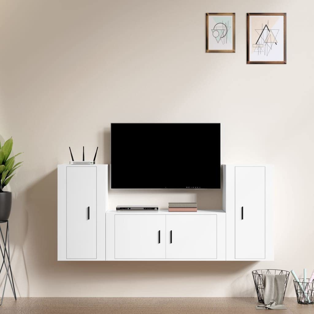 3-TLG. TV-Schrank-Set, Weiß, Holzwerkstoff, Wandmontage, Modernes Media-Center für Wohnzimmer, Viel Stauraum, 100x34,5x40 cm