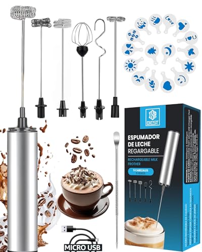 SUPER PACK Espumador de Leche USB Edición Deluxe + 6 Accesorios Inox + 16 Plantillas Decorativas |...
