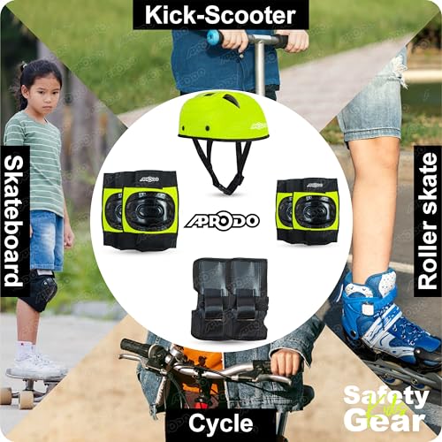 Image of APRODO Kids Protective Gear Set for Roller Skating, Skateboarding & Cycling |for Kids 5 to 12 Years (Neon Green) | Knee and Elbow Pads Wrist Guards Set for Skating, Skateboard & Cycling