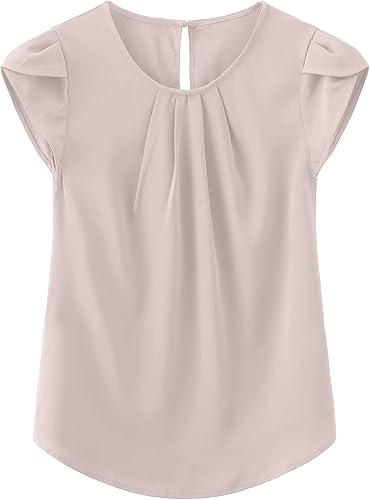 TASAMO Blusa de chifón para mujer básica e informal, cuello redondo con detalle plisado, manga casquillo, espalda con apertura curva tipo ojo de